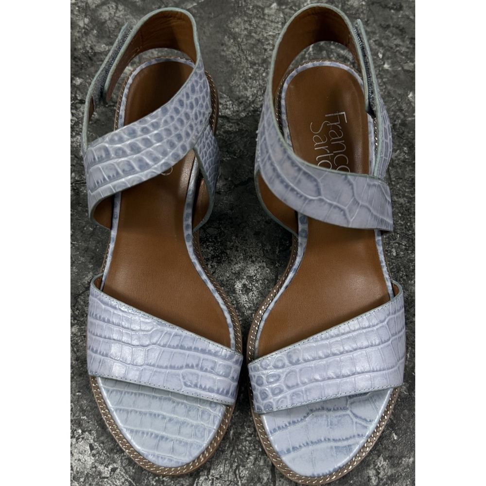 Franco Sarto Barda Leather Croc Embossed Block Heels Sandals Ankle Lt Blue Sz 6M